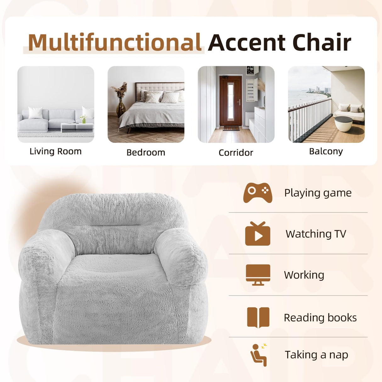 Spacocld Giant Bean Bag Chair for Adults - Large Bean Bag Couch with Armrests, Bean Bag Sofa Stuffed High-Density Foam, Plush Lazy Sofa Comfy Chair, BeanBag Couch for Bedroom, Living Room (Light Grey) Spacocld