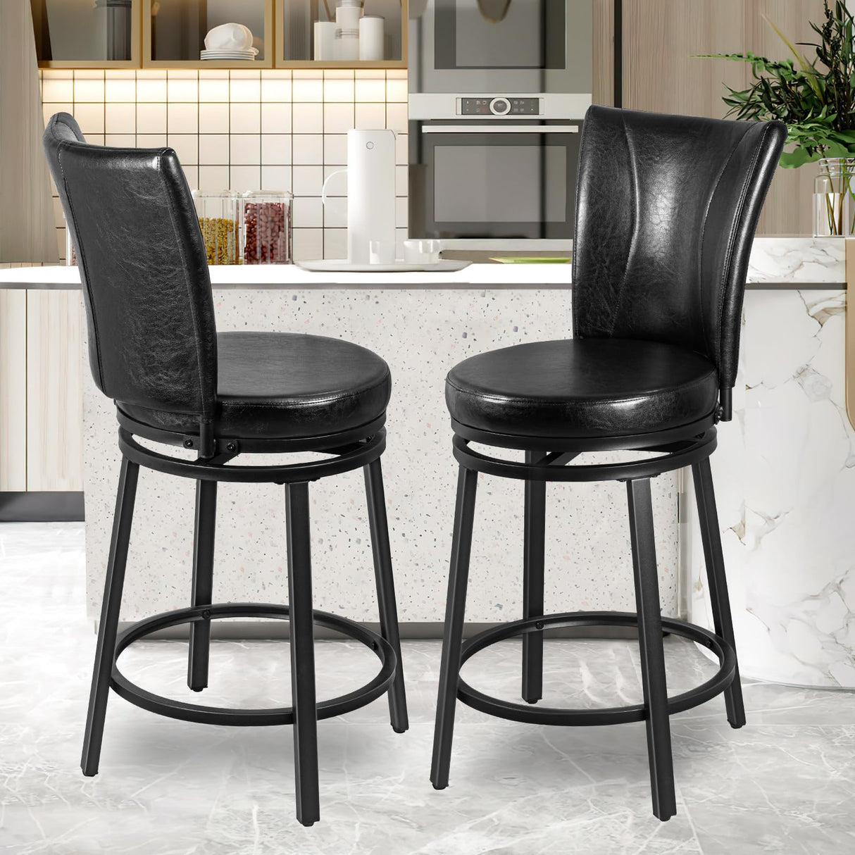 FLYZC Bar Stools Set of 2, Counter Height Swivel Bar Chair with High Backrest, 24" Round Seat Barstools for Kitchen Island, Pub, Metal Base, Upholstered PU Leather Dining Chairs Black FLYZC