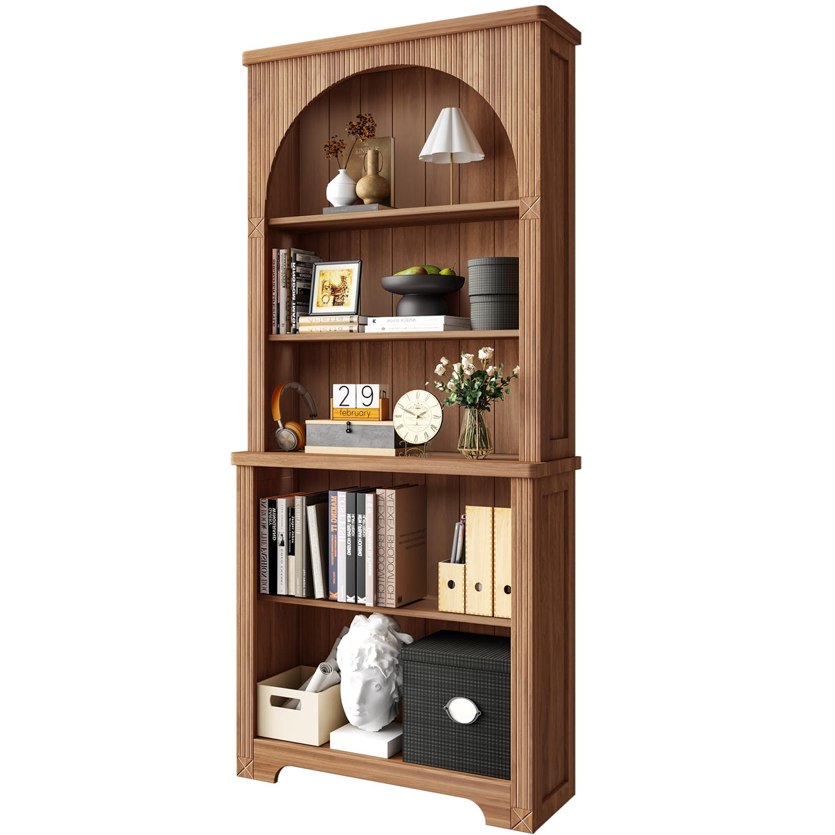 FurSch 71” Tall Arched Bookshelf,Wooden 5 Tier Fluted Book Shelves with Adjustable Shelf,Arched Bookcase Bookshelf for Living Room Home Office FurSch