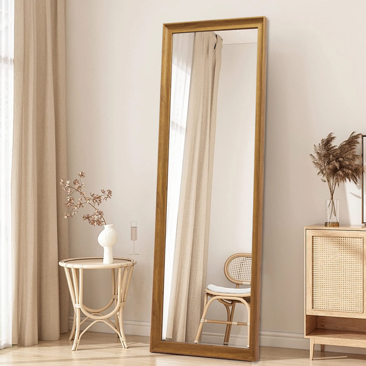 TheiaMo Full Length Mirror Wood Frame, 65×22in Floor Mirror Full Body Mirror with Standing Holder Hanging Wall Mirror, Stand Large HD Mirror, Dressing Mirror for Bedroom/Living Room, Dark Wood TheiaMo