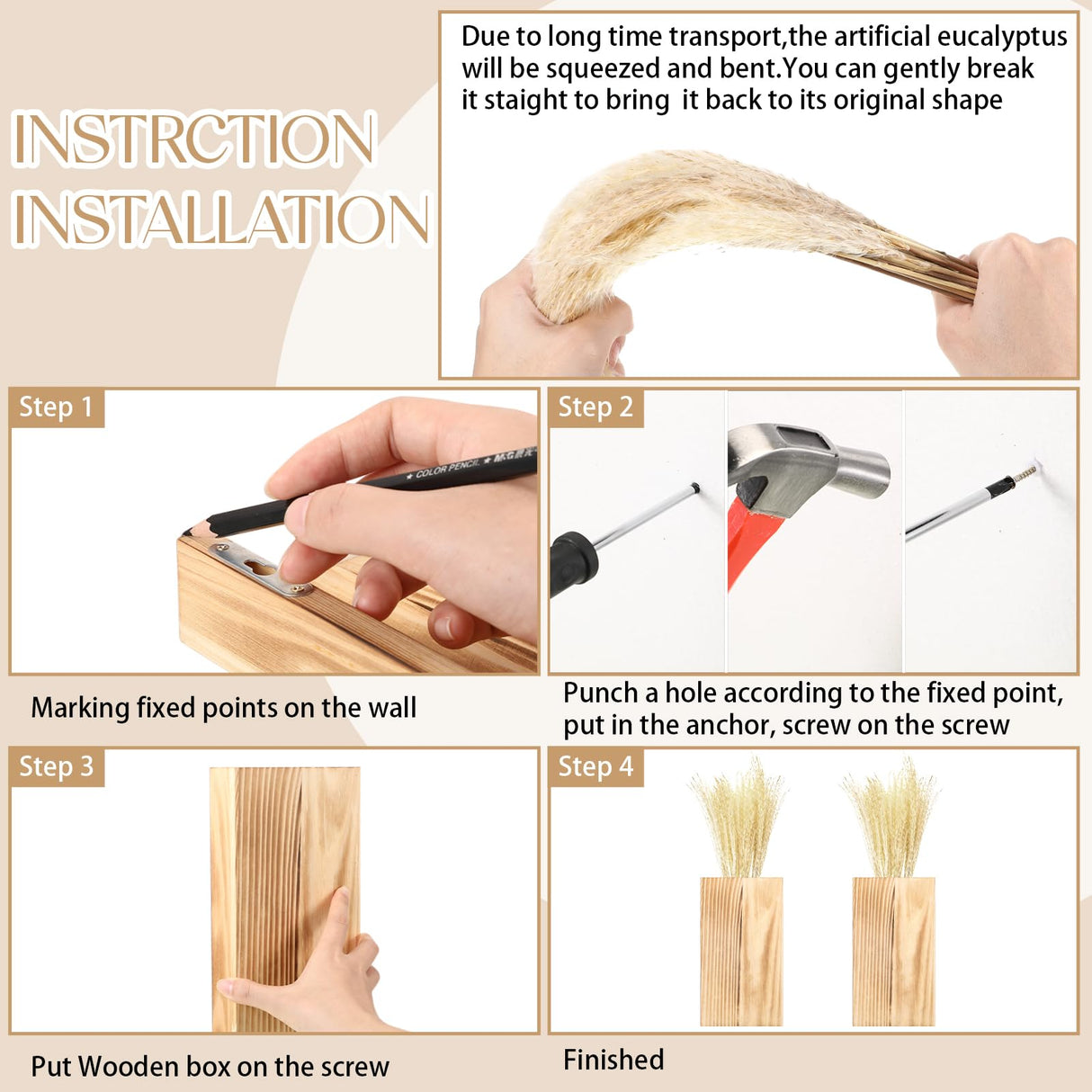 Vesici 2 Pack Wood Wall Planter Vase with Artificial Plants Indoor Plants Holder Pocket Farmhouse Wooden Vases Wall Flower Vase Hanging Plant Decor for Bedroom Kitchen Office Home (Brown,Reed) Vesici