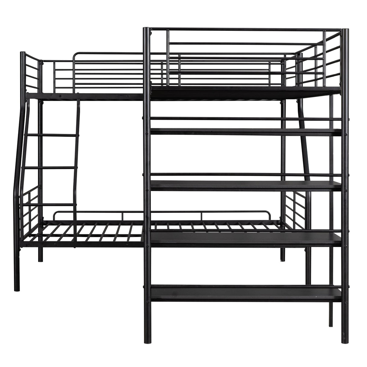 L-Shaped Metal Twin Over Full Bunk Bed and Twin Size Loft Bed with Four Built-in Shelves,Black Bellemave