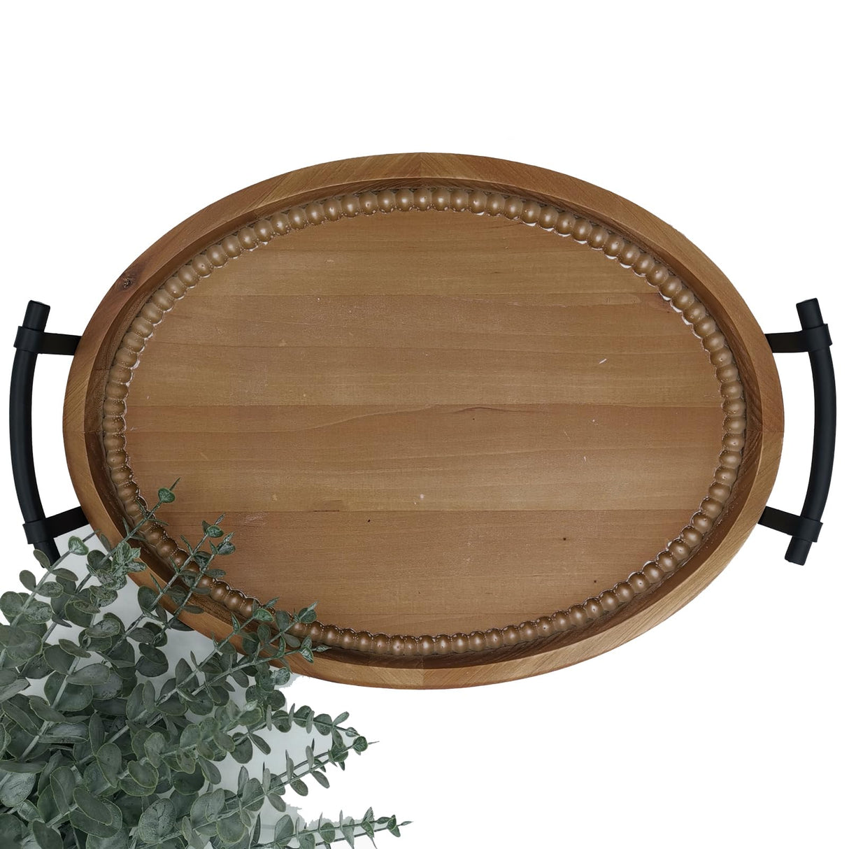 Oval Rustic Wooden Decorative Tray, Serving Tray with Metal Handles, Ottoman Coffee Table Tray, Farmhouse Centerpiece for Kitchen or Living Room (Brown) dugunusu