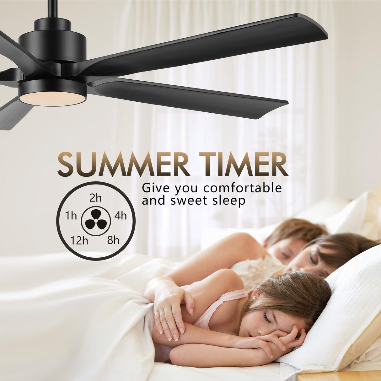ELEHINSER 60" Modern Ceiling Fan with Lights and Remote Control, 5 Solid Wood Blades 6-Speed Noiseless Reversible DC Motor, Ceiling Fan for Bedroom Dinning Living Room, Black ELEHINSER