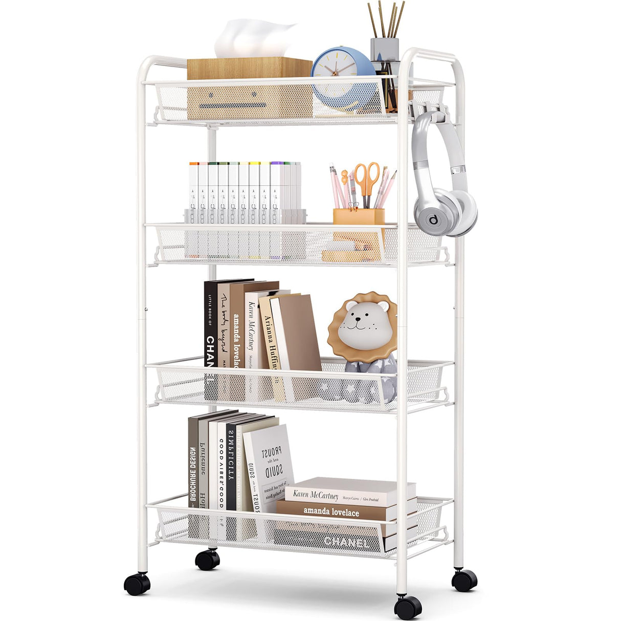 TOOLF 4-Tier Rolling Cart, Metal Utility Cart with 3 Hooks, Easy Assemble Mobile Storage Trolley On Wheels, Metal Shelving Units Kitchen Bathroom Laundry Room TOOLF