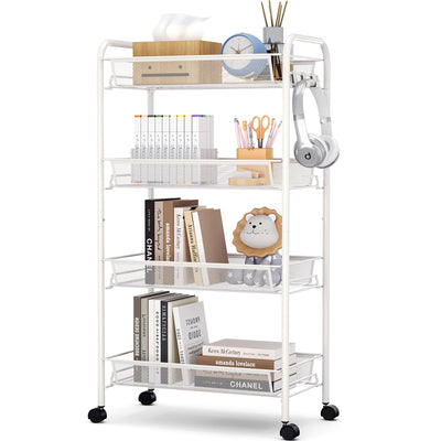 TOOLF 4-Tier Rolling Cart, Metal Utility Cart with 3 Hooks, Easy Assemble Mobile Storage Trolley On Wheels, Metal Shelving Units Kitchen Bathroom Laundry Room