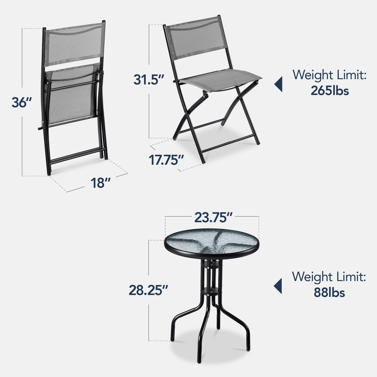 Best Choice Products 3-Piece Patio Bistro Dining Furniture Set w/Glass Tabletop, 2 Folding Chairs, Steel Frame, Polyester Fabric - Gray Best Choice Products