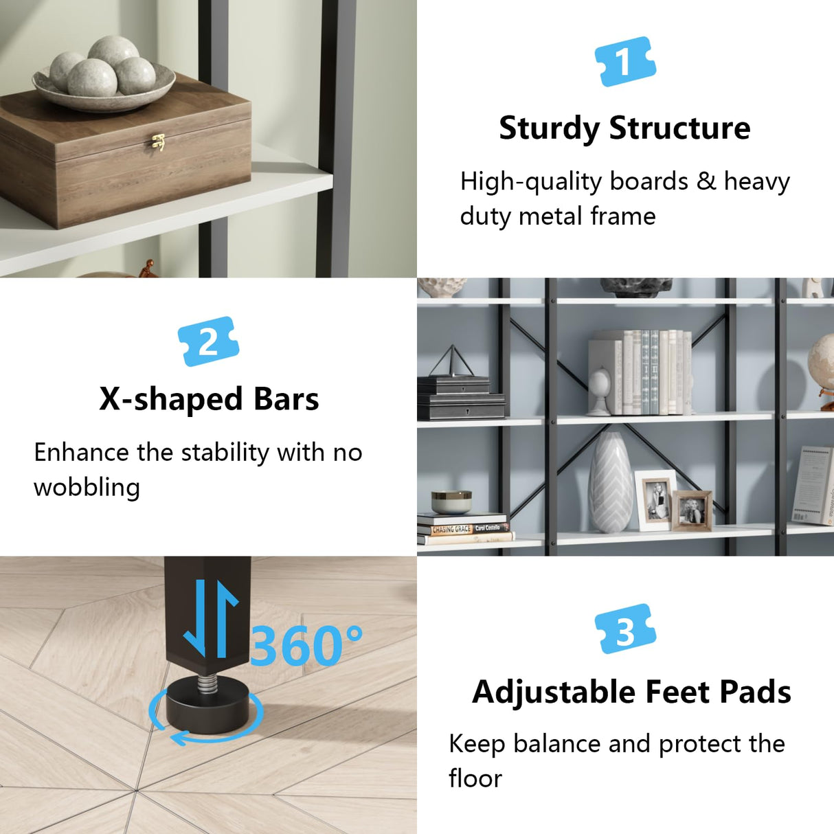 Auromie Triple Wide 5-Tier Bookshelf, 70.87" L x 79.13" H Extra Large Bookcase, Tall Open Etagere Display Shelf with Metal Frame, Freestanding Modern Storage Shelves for Home Office, Black&White Auromie