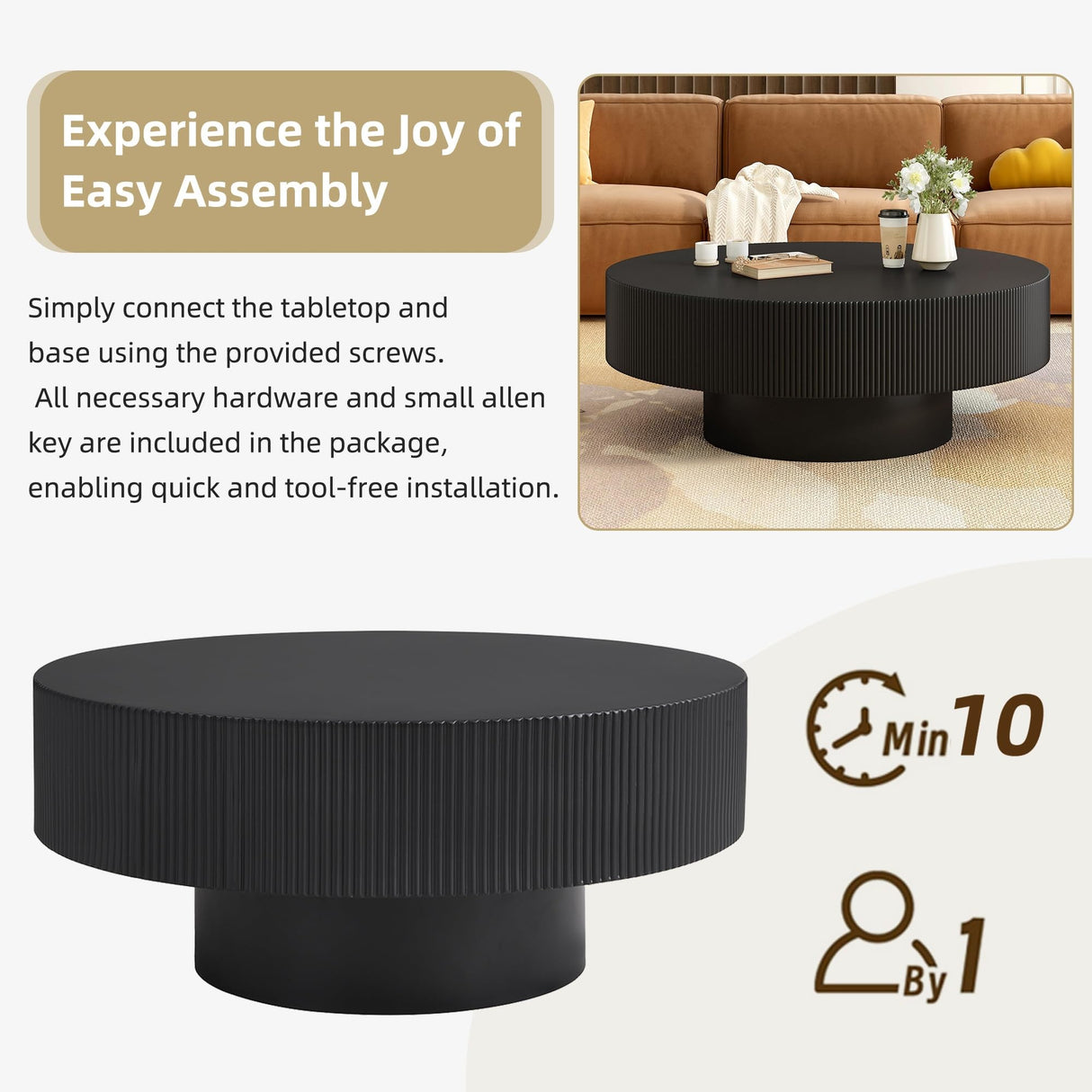 Merax Modern Round Coffee Table with Sturdy Base, Wood Center Tables for Living Room Reception Room, Easy Assemble, Black Merax