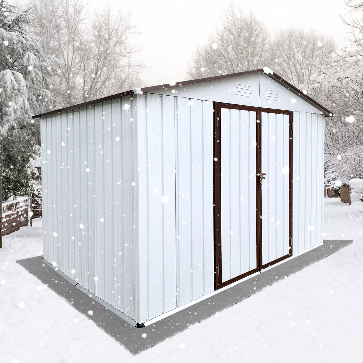 Jintop 10x8 FT Clearance Sheds & Outdoor Storage with Lockable Doors and Waterproof Roofs,Metal Garden Shed w/Durable Metal Frame & Punched Vents,for Bike, Barbeque,Tool,White+Coffee Jintop