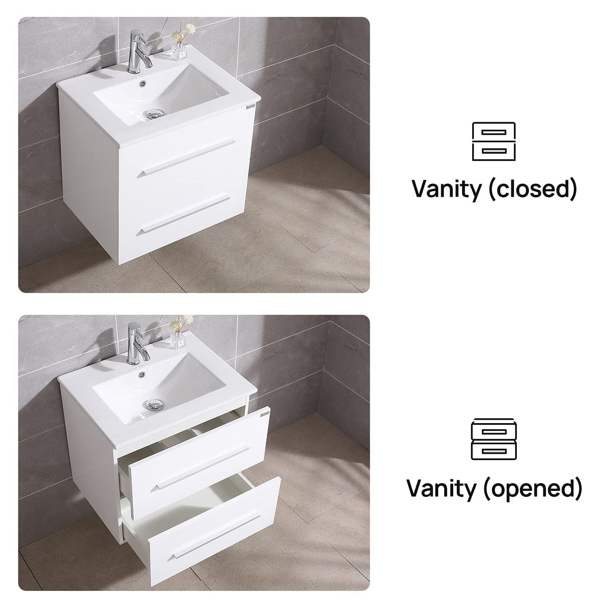 wonline 24" White Wall Mounted Bathroom Vanity Set Two Drawers Storage Cabinet with Ceramic Vessel Sink and Mirror Combo Chrome Faucet wonline