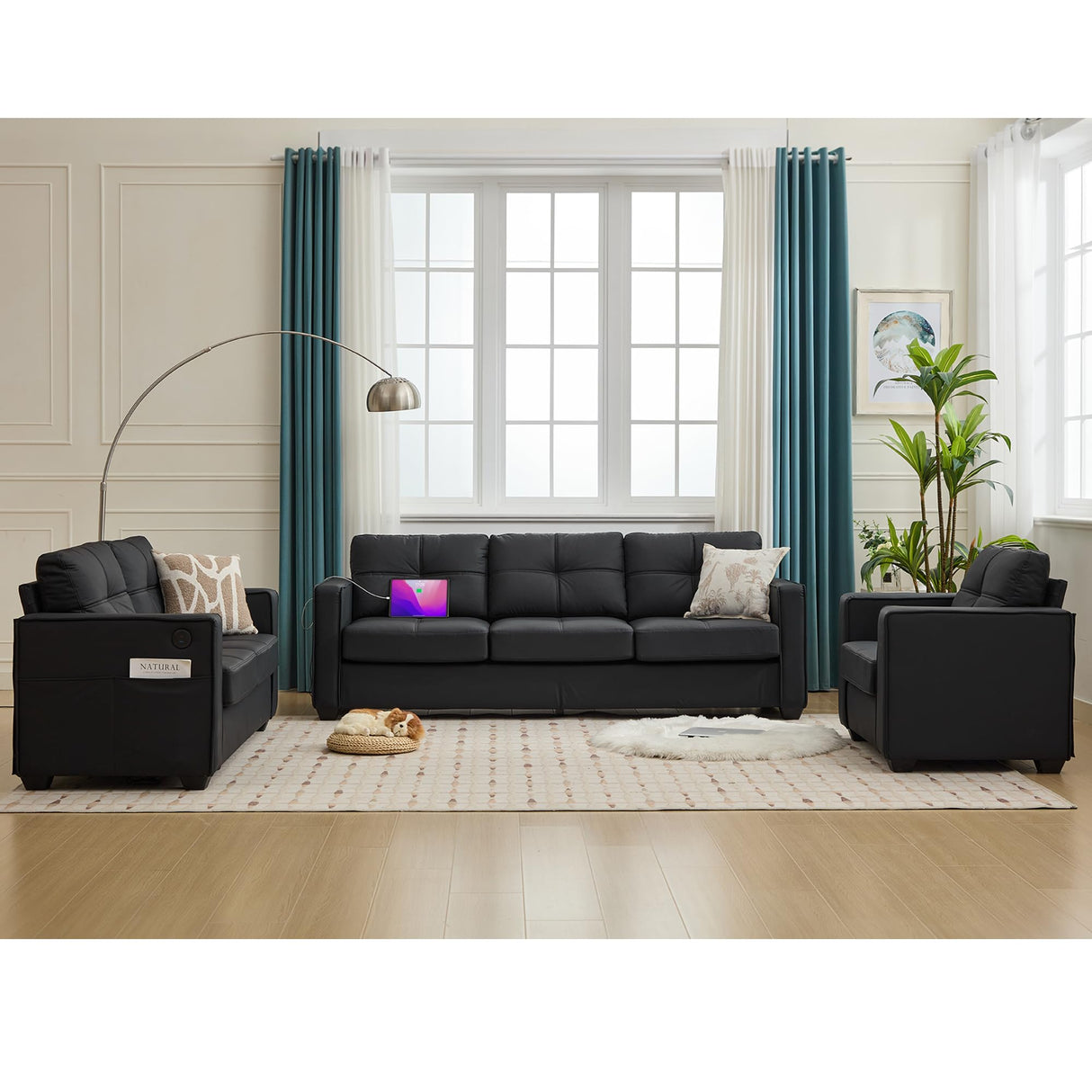 TYBOATLE Black Faux Leather Sofa Couch Sectional Couches for Living Room, 3 Piece Living Room Set Furniture Comfy Modular Convertible Sofas with Ottoman, Home Office Sofa Set TYBOATLE