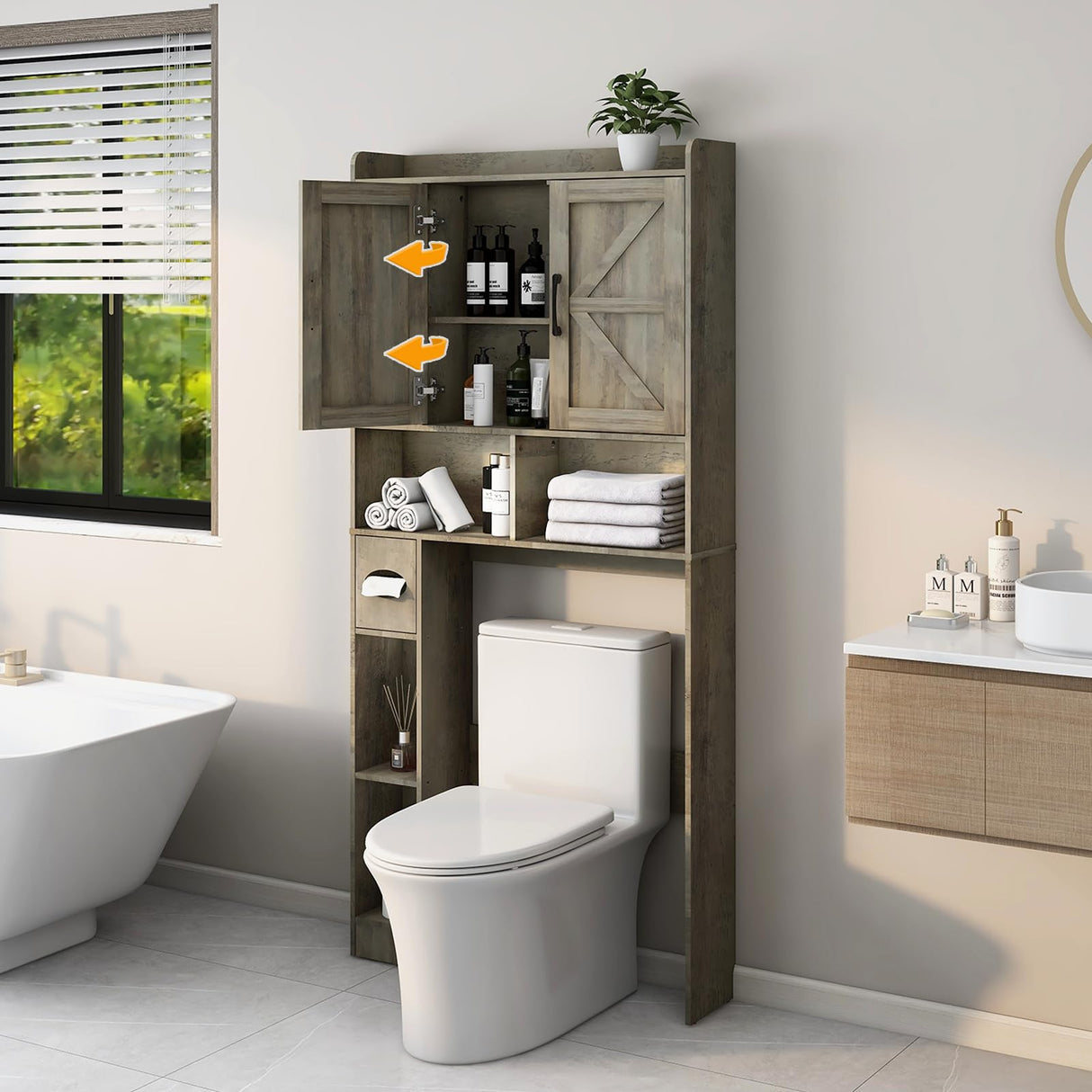 Vabches Grey Farmhouse Over The Toilet Storage Cabinet with Barn Doors and Toilet Paper Holder Vabches