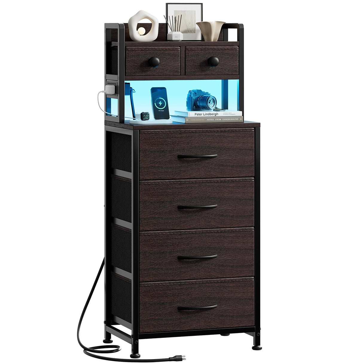 REAHOME 41 Inch Tall Nightstand with Charging Station, LED Night Stand with 6 Fabric Drawers, Bed Side Table with 3-Tier Wood Storage Shelves for Bedroom, Office, Small Spaces, Leather Brown REAHOME