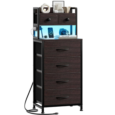 REAHOME 41 Inch Tall Nightstand with Charging Station, LED Night Stand with 6 Fabric Drawers, Bed Side Table with 3-Tier Wood Storage Shelves for Bedroom, Office, Small Spaces, Leather Brown