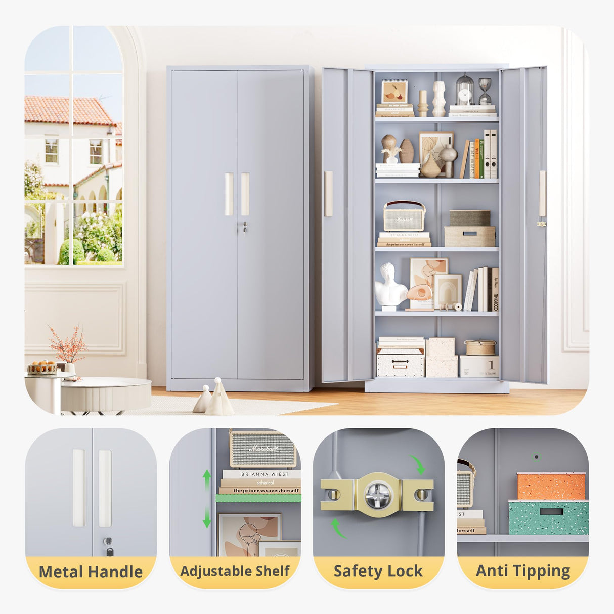 SUNCROWN 63" Metal Storage Cabinets with Lock, Tool Cabinet, Locking Steel Storage, Tall Locker Organizer Garage Cabinets with 2 Doors and 4 Shelves for Home,Garage,Office, Dark Grey SUNCROWN