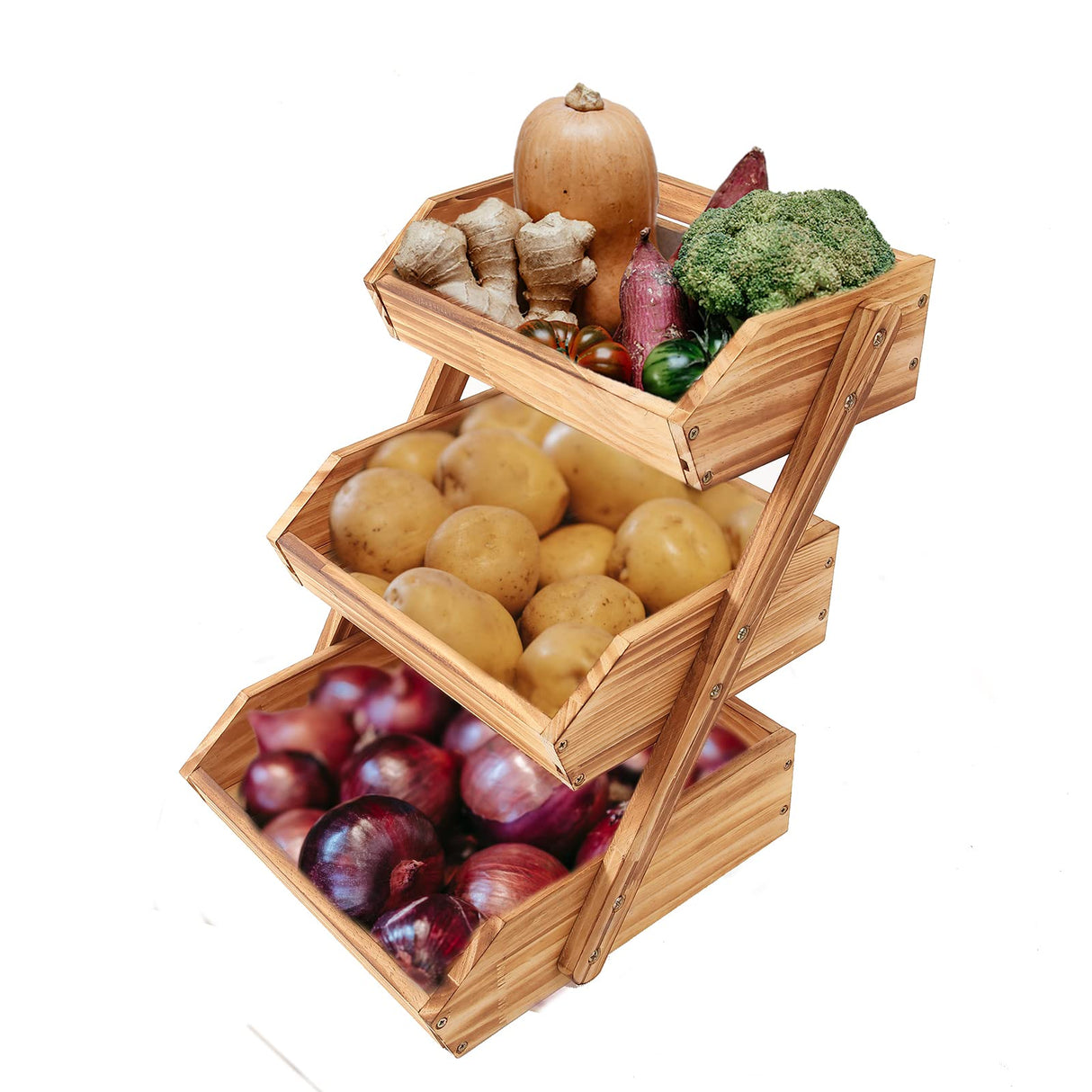 Merysen 3 Tier Wooden Fruit Basket For Kitchen, Bread Vegetable Fruit Basket Bowl Stand, Farmhouse Fruit Bowl for Countertop, Large Merysen