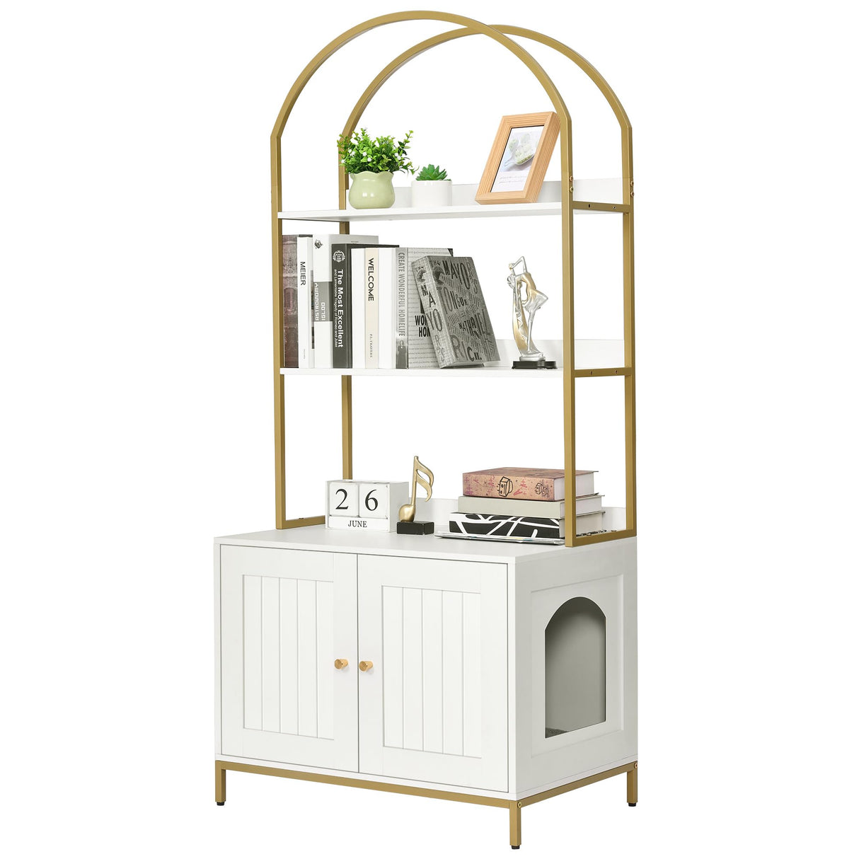 Homhedy Cat Litter Box Enclosure, Litter Box Furniture Hidden with 2-Tier Storage Shelves, Wooden Cat Washroom Furniture with Metal Frame, Modern Style, White and Gold Homhedy