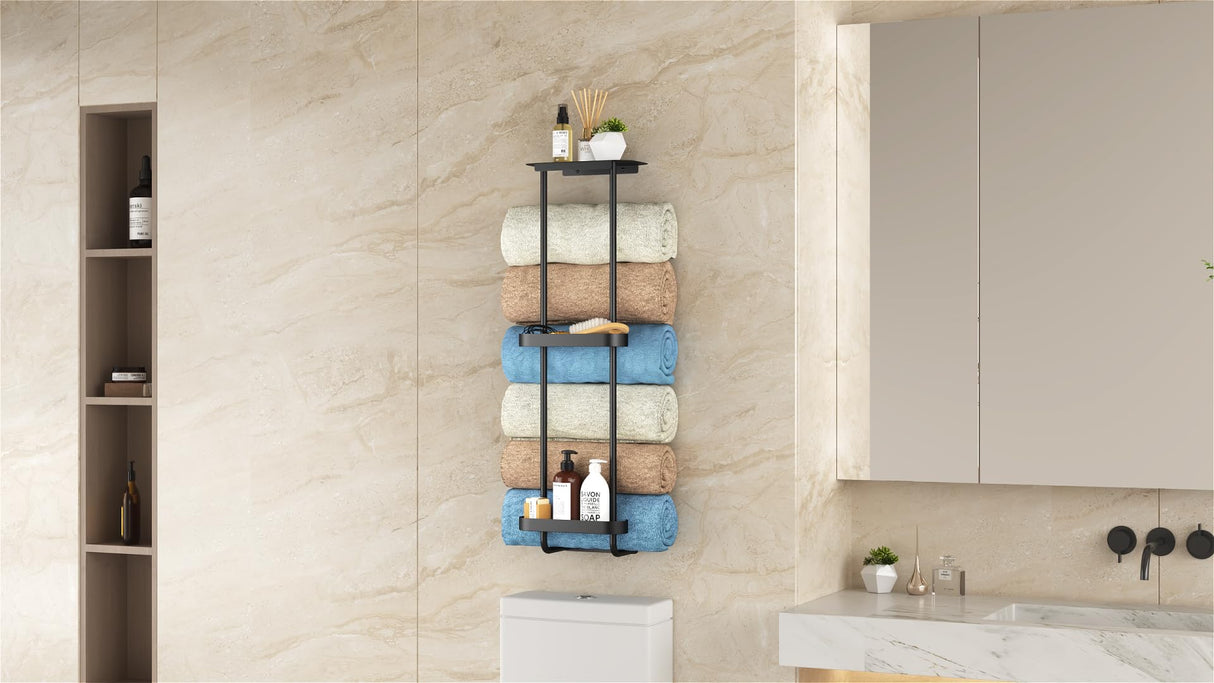 STWWO Bathroom Towel Storage, 36.4 Inch Towel Racks for Bathroom Wall Mounted with Shower Caddy with Metal Shelf, Black STWWO