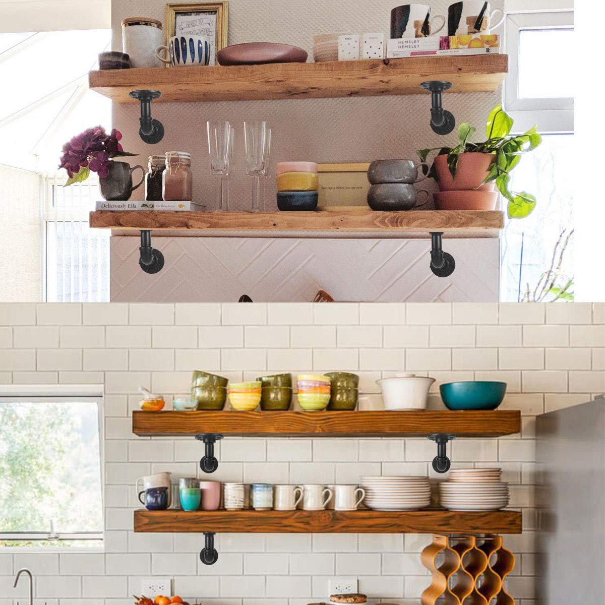 Industrial Pipe Shelf Brackets for 8 10 12 14 inches Board, Iron L Pipe Floating Shelf Bracket Heavy Duty Metal Shelving Brackets for Shelves- 6 Pack Black Janyang