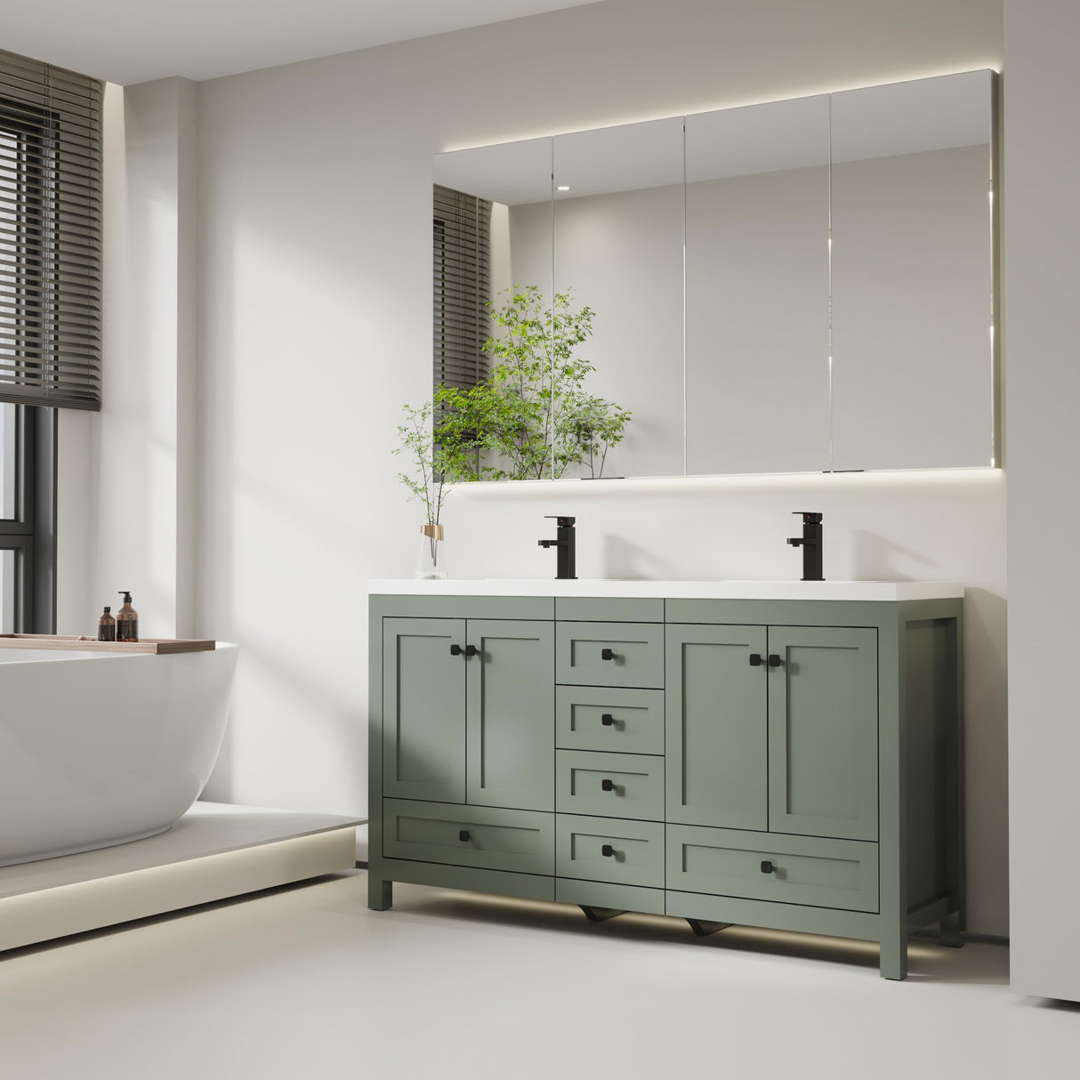 eclife 60" Bathroom Vanities with Sink Combo, Modern Thickened Wood Bathroom Storage Cabinet w/Undermount Double Sink, Matte Black Faucet Drain, Painted Surface, Green eclife