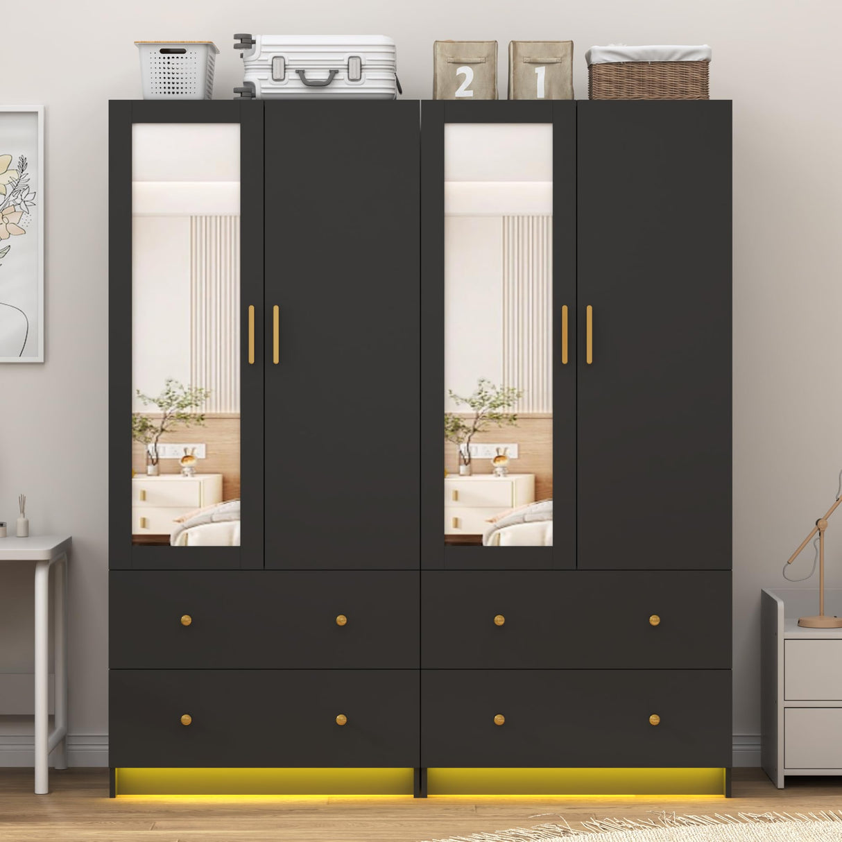 jiteentarou 2 Door Wardrobe Closet with Mirrors and LED Lights, Small Bedroom Armoire with Drawers, Modern Wooden Armoire Wardrobe Closet with Hanging Rod for Bedroom, Black jiteentarou