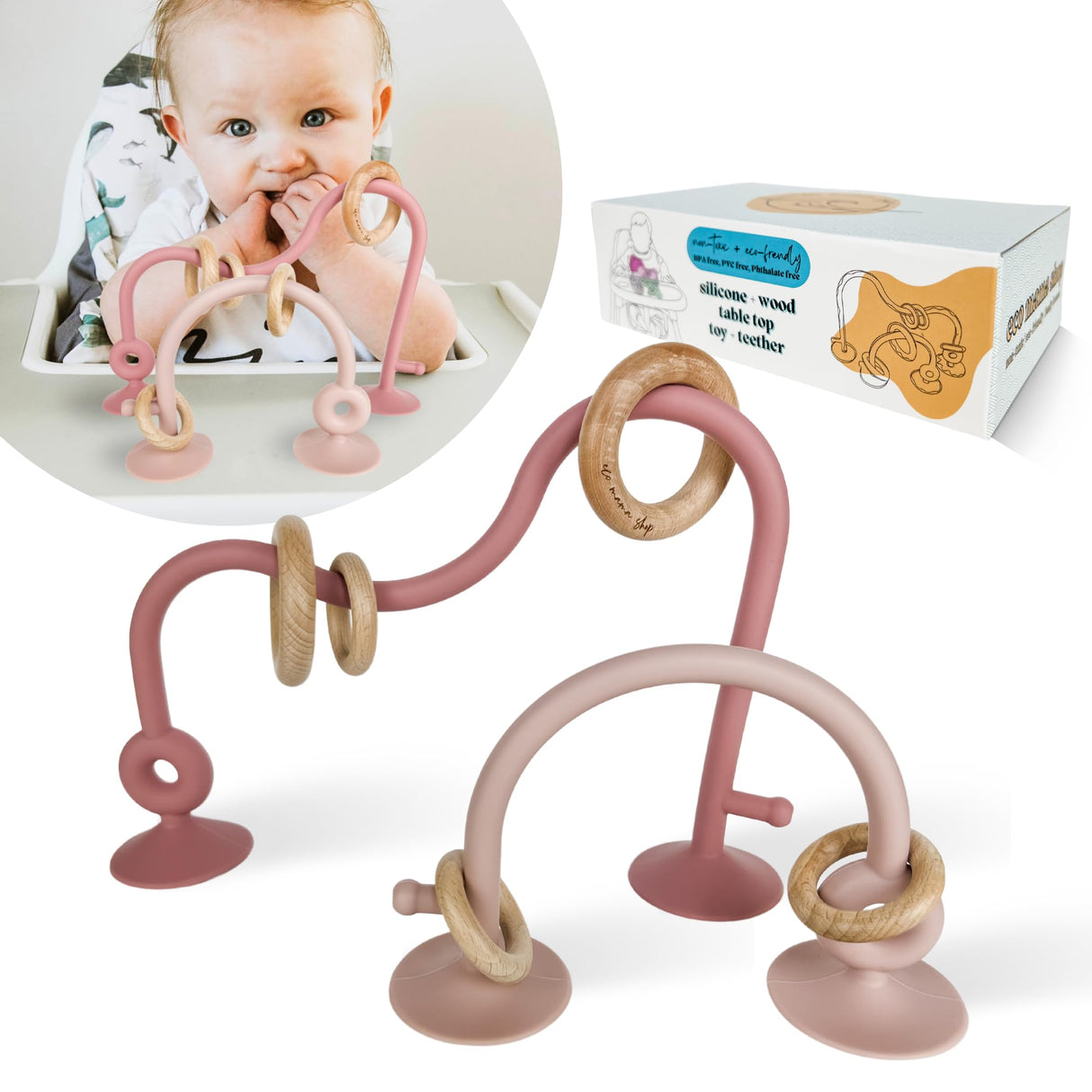 Eco Mama Shop: Silicone and Wood Table Top Toy and Teether, Montessori Educational Toys for Infant Toddlers, High Chair Toys with Suction Cups, Silicone Teething Toys (Dark Pink and Dusty Rose) Eco Mama Shop
