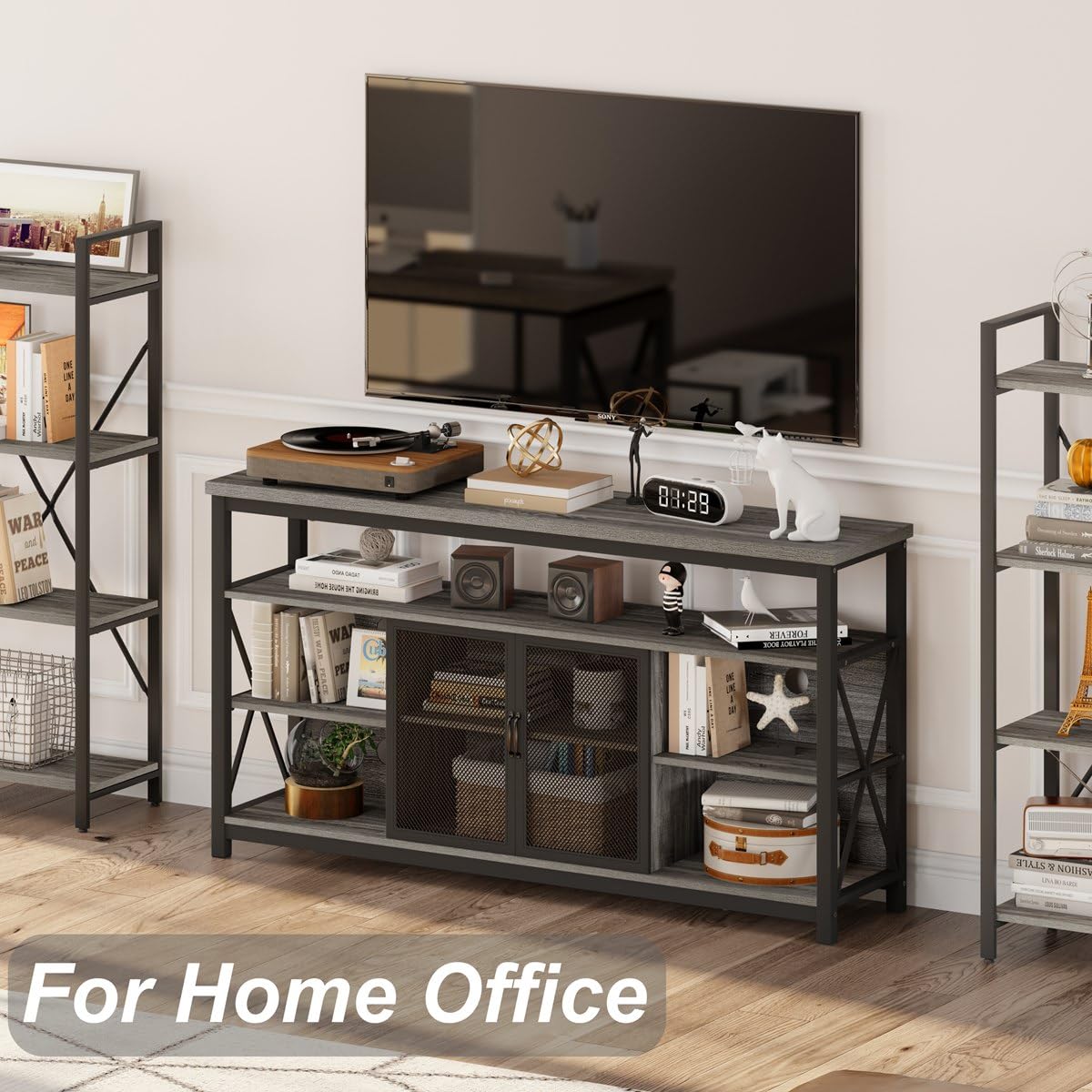 BON AUGURE Tall TV Stand for TVs up to 65 Inch, Industrial Entertainment Center with Storage Cabinet, Rustic Wood Media Console Table for Living Room and Bedroom (32 Inch High, Grey Oak) BON AUGURE