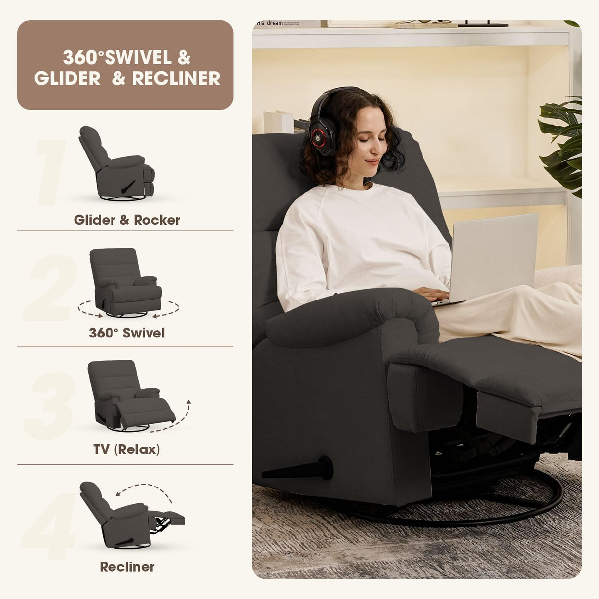 Divanus Dark Grey Glider Rocker Recliner,Swivel Rocking Recliner Chair,Glider Rocking Chair,Reclining Sofa Rocking Chair Nursery,23 Inches Deep Seat & 27 inches High Back,for Living Room Divanus