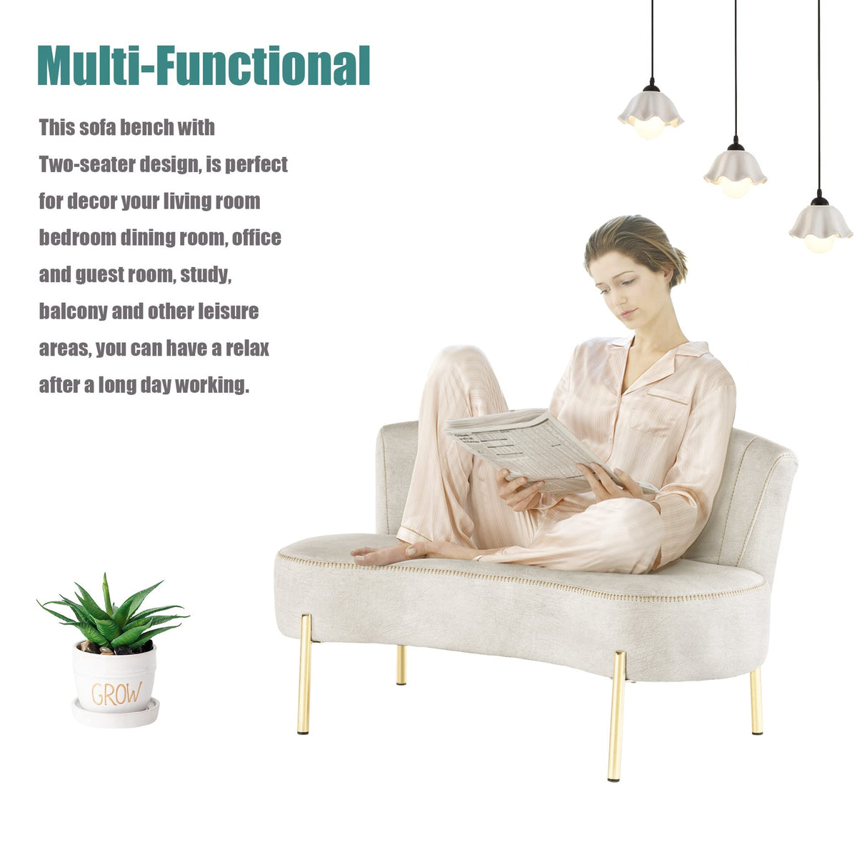 annjoe Loveseat Settee Upholstered Sofa Couch Banquette Bench Ottoman with Backrest and Golden Metal Legs for Dining Room Living Room Bedroom Funiture annjoe