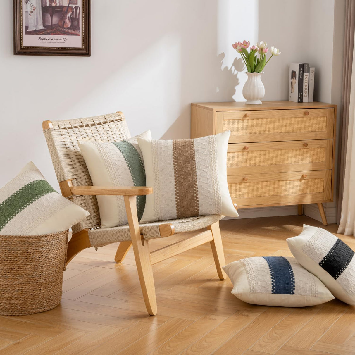 DBoer Brown Boho Cotton Throw Pillow Covers 18x18 Inch Rustic Farmhouse Decorative Pillowcases Retro Macrame Woven Square Cushion Cases for Sofa Couch Bed Living Room Home Decor Set of 2 DBoer