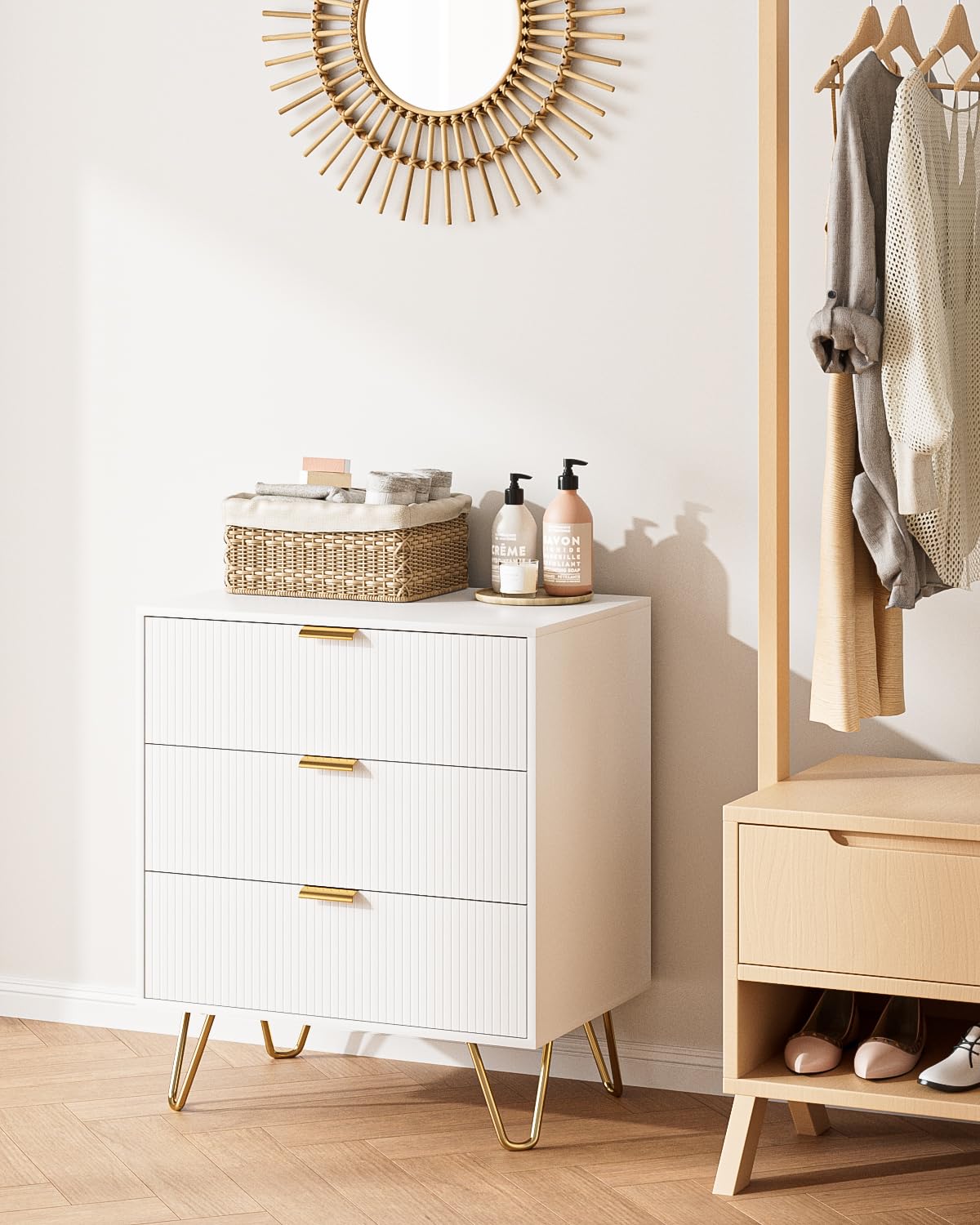 AEPOALUA Fluted 3 Drawer Dresser for Bedroom, Modern Storage Bedroom Dresser Chest Cabinet Organizer with Anti-Tip Hardware for Living Room, Dressing Room, Kids Room, Office (White) AEPOALUA