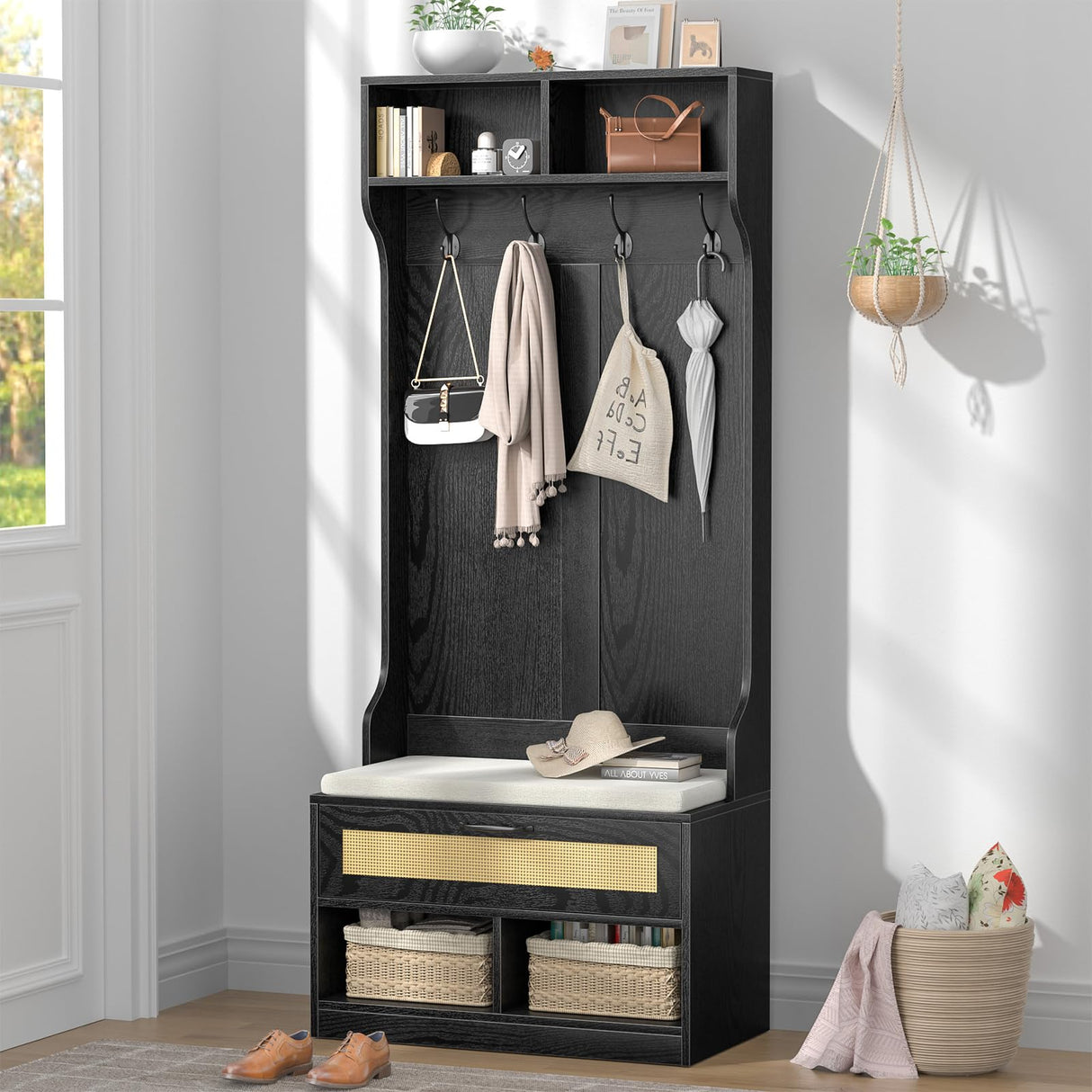 Anmytek Hall Tree with Bench and Shoe Storage, Farmhouse Entryway Bench with Coat Rack, 6 Compartments & 4 Hooks & Rattan Door, Shoe Storage Bench with Soft Cushion for Hallway, Living Room, Black Anmytek