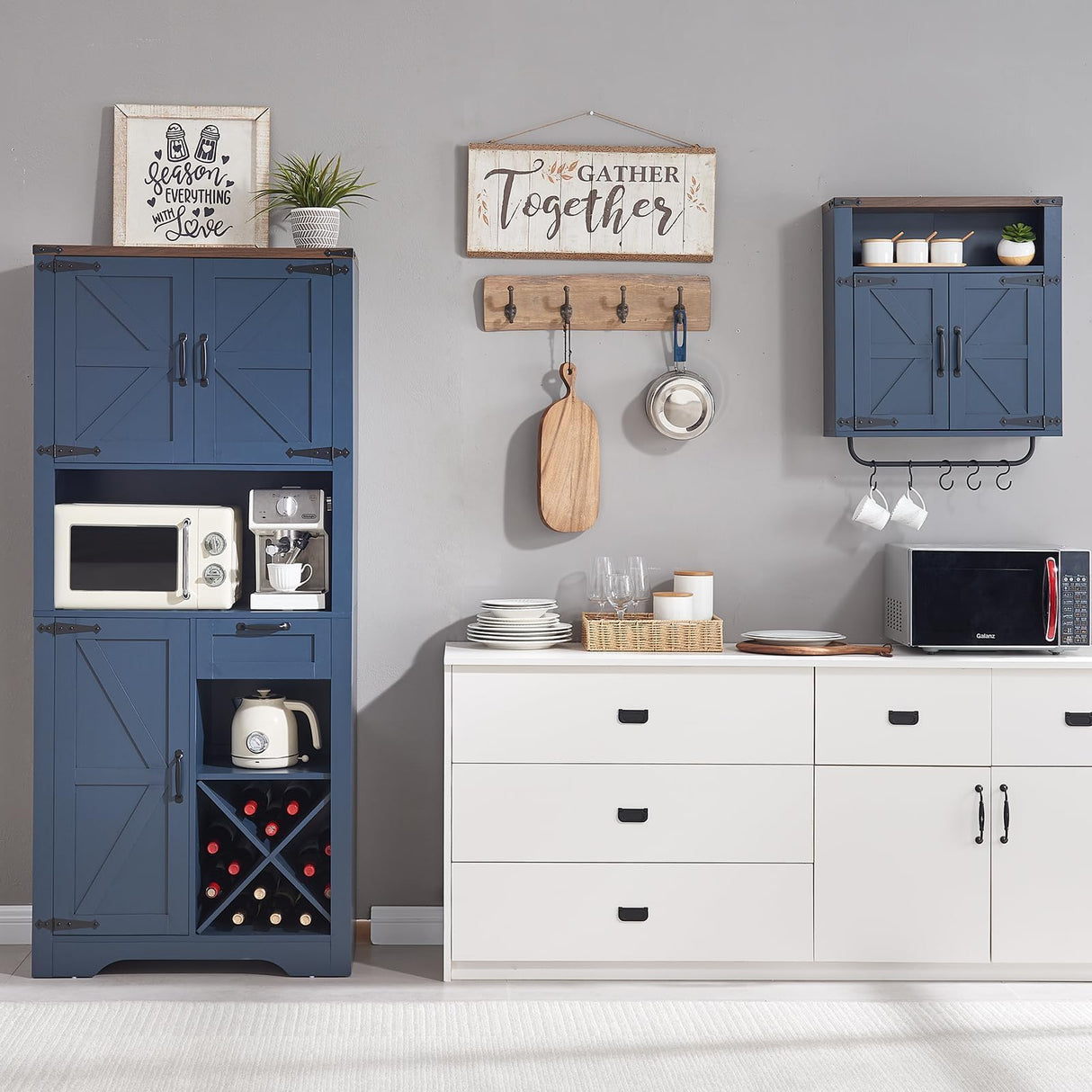 Wnutrees Farmhouse Medicine Cabinet with Two Barn Door, Rustic Wood Wall Cabinet with Adjustable Shelves, Over The Toilet Storage Cabinet with Towel Bar and Hooks for Bathroom, Laundry Room, Blue Wnutrees