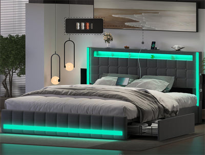 CSZZD Dark Grey Queen Bed Frame with LED Lights, Charging Station & 4 Storage Drawers
