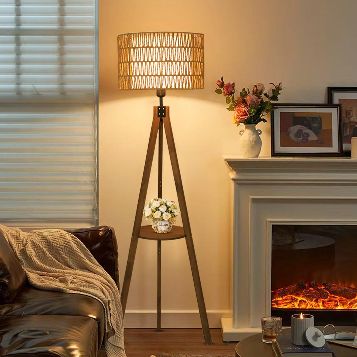 LAMSU Boho Tripod Floor Lamps for Living Room, Rattan Wood Floor Lamp with Fabric Shades, Mid Century Standing Lamp with Shelf, Foot Switch, Modern Farmhouse Tall Lamps for Bedroom Office Brown LAMSU