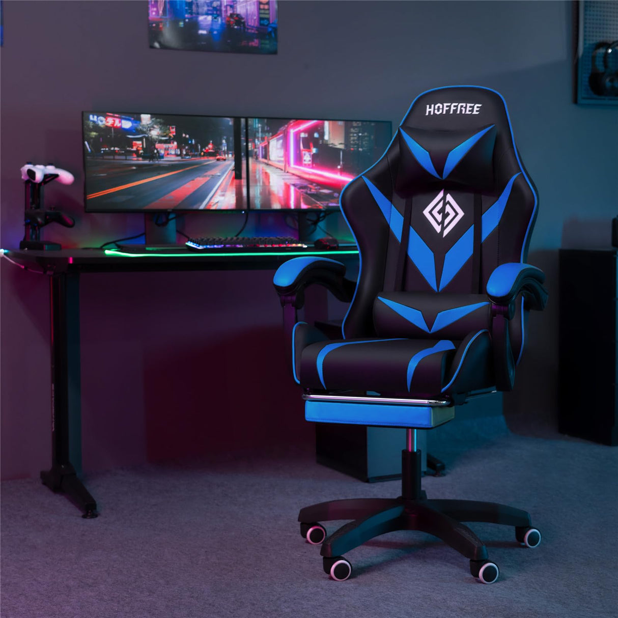 HOFFREE Massage Gaming Chair for Kids Computer Gamer Chair with Footrest and Lumbar Support Reclining PC Game Chair with Headrest for Gaming Room Blue and Black HOFFREE