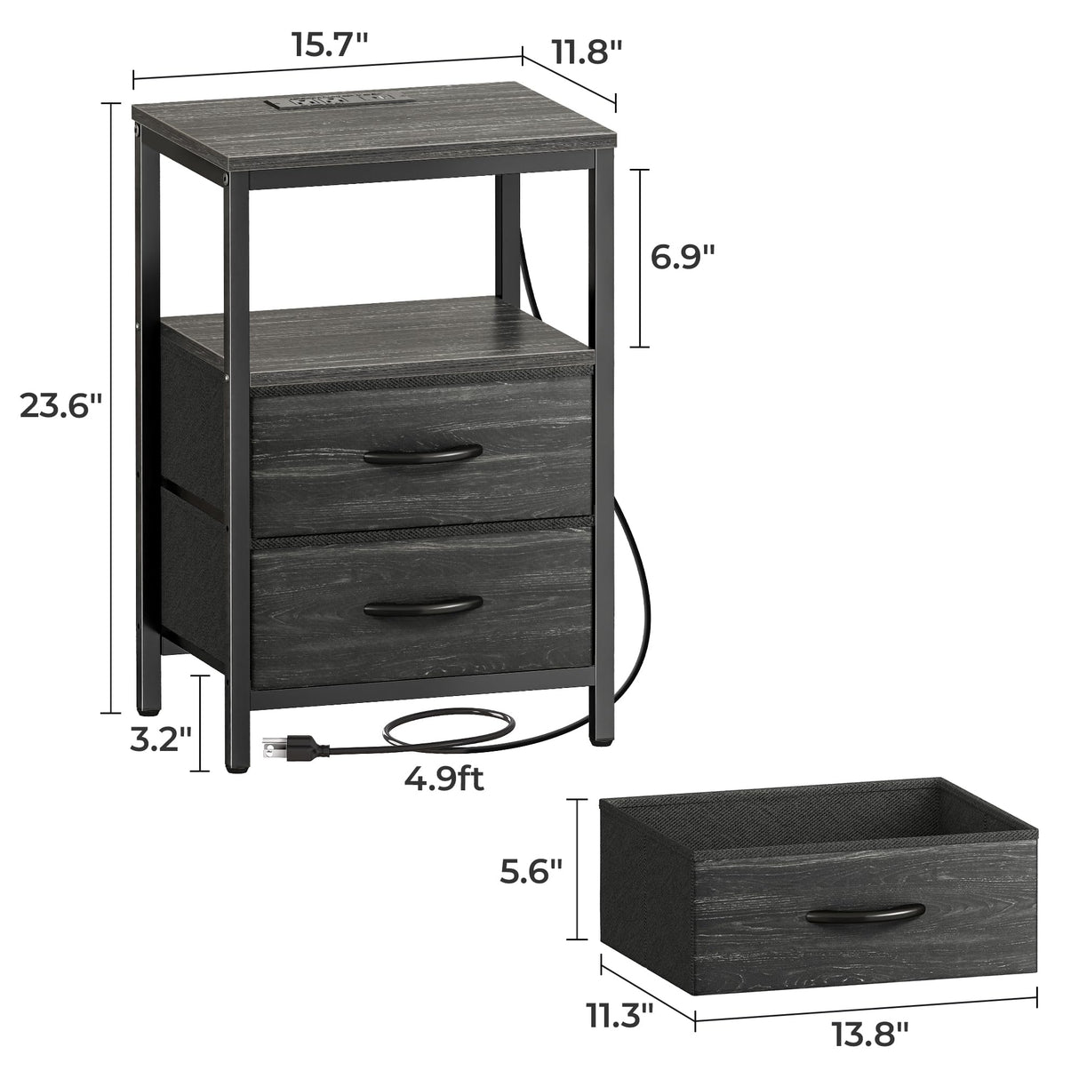 Huuger Nightstand with Charging Station, Side Table with Fabric Drawers, End Table with Open Shelf, Bedside Table with USB Ports and Outlets, Night Stand for Bedroom, Charcoal Black Wood Grain Print Huuger