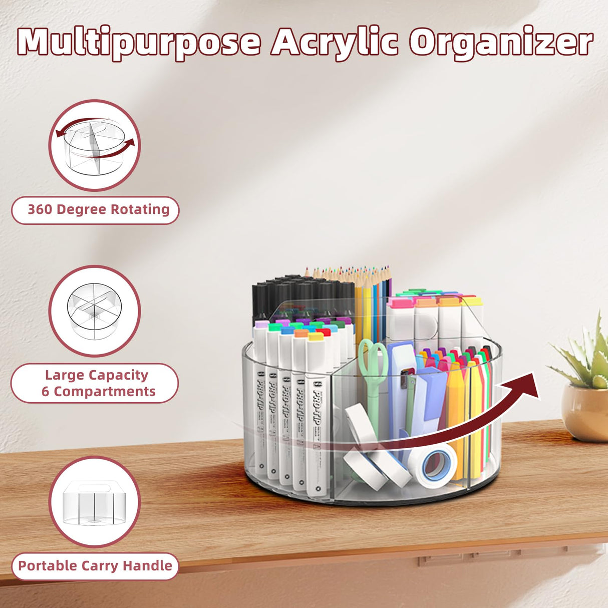 Absonic Acrylic Pen Holder Pencil Organizer, 360-Degree Rotating Pencil Holder, Crayon Organizers for Kids Marker Organizer Caddy Art Supply Kids Desk Organizers for Office Home School Absonic