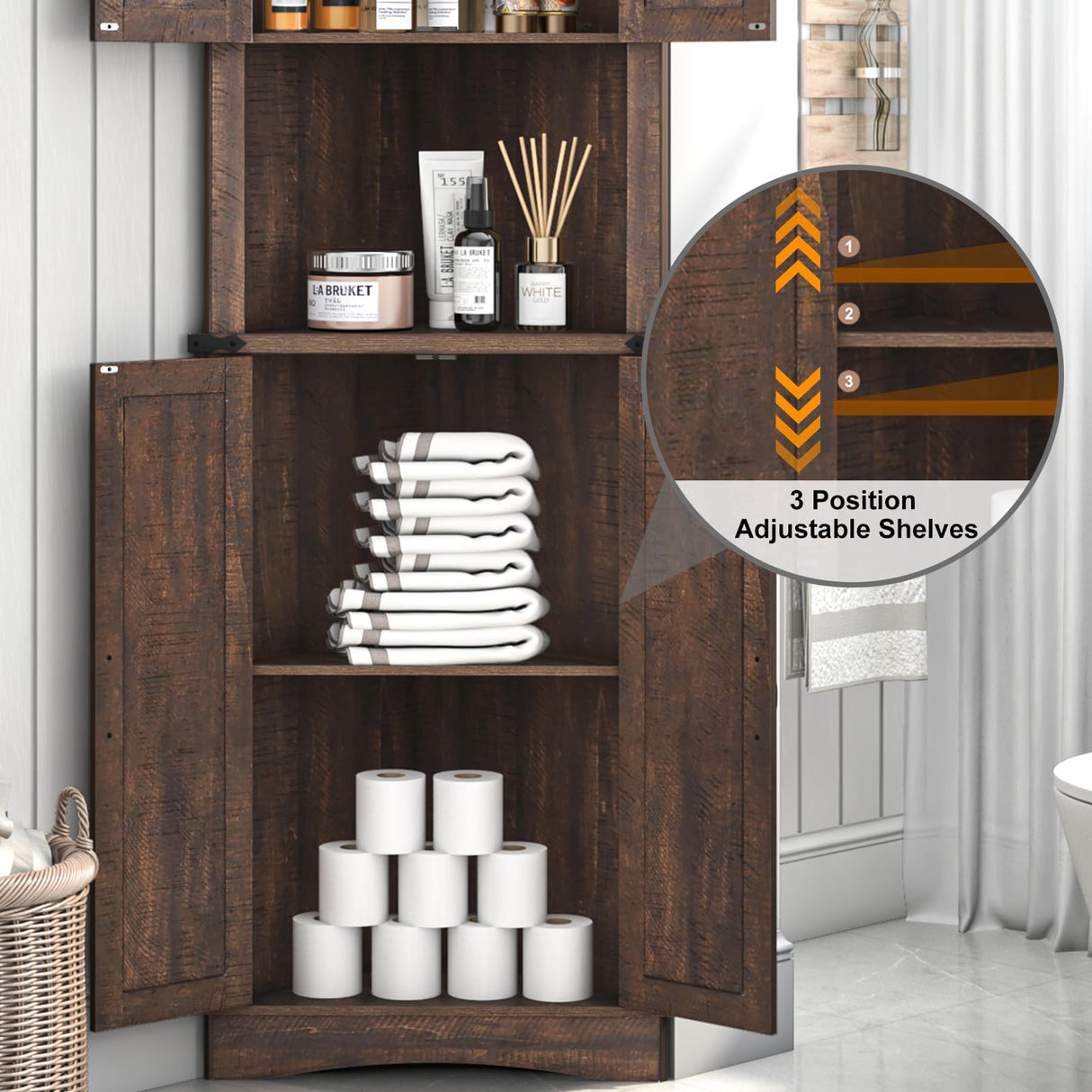 Hlivelood 68" Tall Farmhouse Corner Cabinet, 5-Tier Storage Cabinet with 4 Barn Doors & Adjustable Shelves, Bathroom Cabinet with Storage for Living Room, Kitchen, Bathroom, Brown Hlivelood