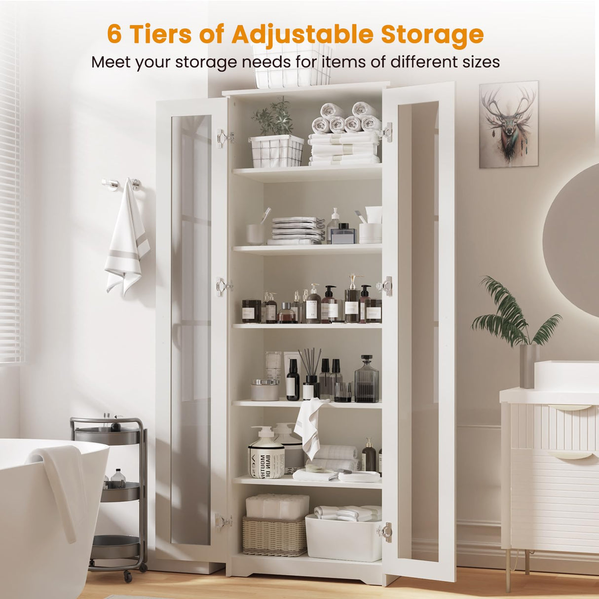 Teekyooly 70" Tall Display Cabinet Storage, Pantry Cabinet with 2 Doors and 6 Adjustable Shelves, Standing Utility Cabinet for Dining Room, Food Storage and Kitchen, Clear and White Teekyooly