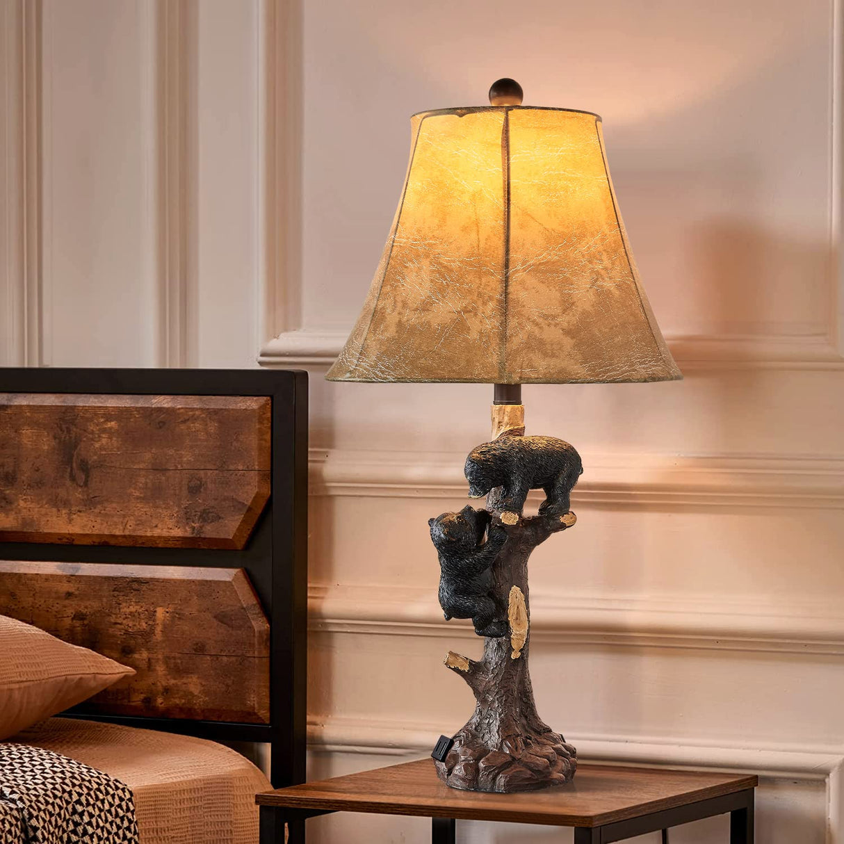 LOKHOM Climbing Bears Rustic Western Table Lamp Set of 2, 26" Rustic Bedside Lamp with USB & TypeC Charging Port, Natural Bears Table Lamp for Bedroom Living Room Foyer Office Valentine's Day Gift LOKHOM