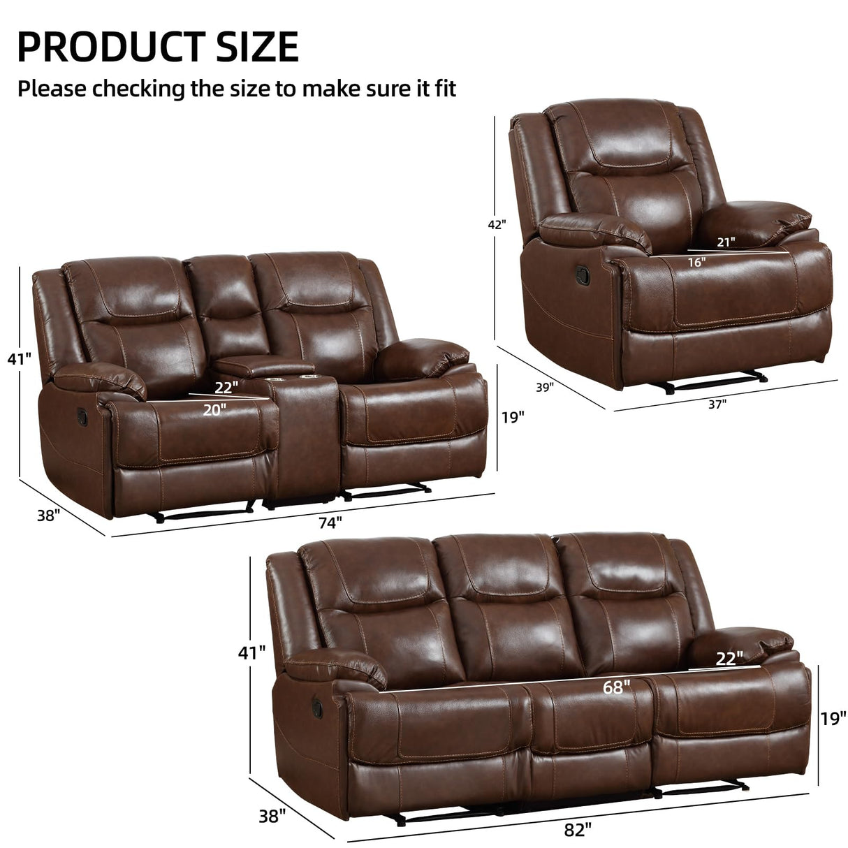 EBELLO Genuine Leather Manual Recliner Sofa Set, Recliner Chair, Loveseat Reclining Sofa and 3 Seat Recliner Sofa, Couch Furniture Set for Living Room, Meeting Room, Brown(Recliner+Loveseat+Sofa) EBELLO