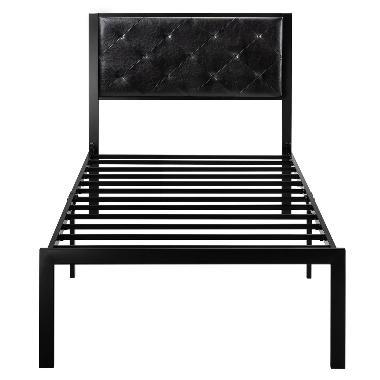 Allewie Twin Bed Frame with Faux Leather Upholstered Headboard, Chic Diamond Stitched Tufted Design, No Box Spring Needed, Black Allewie