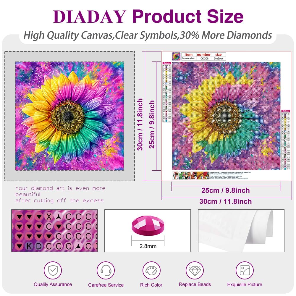 DIADAY Rainbow Sunflower Diamond Art Kits for Adults, 5D Flowers Diamond Painting Kits for Adults, Full Drill Diamond Art, DIY Gem Craft Arts Home Wall Decor Gift 12 x 12 Inches DIADAY