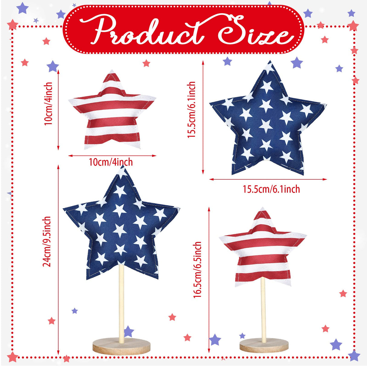 Bucherry 5 Set 4th of July Decoration Patriotic Fabric Star Ornaments Independence Day Wood Sign Star Wooden Stand Memorial Labor Day Tiered Tray Decor American Table Decor(Classic Style) Bucherry