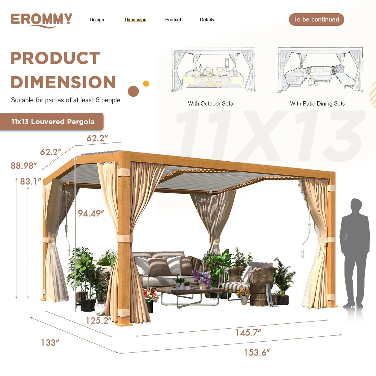 EROMMY Louvered Pergola 11'x13' Outdoor Hard Top Mansard Roof Gazebo with Aluminum Wooden Grain Frame and Adjustable Metal Rainproof Roof for Garden & Patio, Curtains and Netting Included, Wood Grain EROMMY