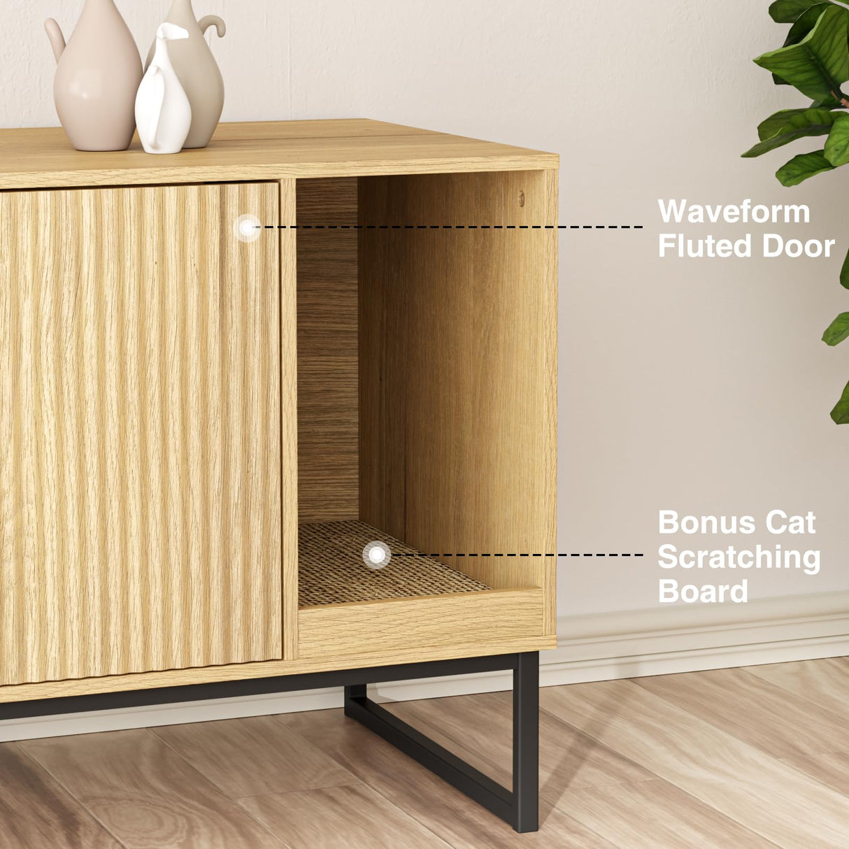 Cat Litter Box Enclosure, Fluted Hidden Litter Box Furniture with Scratch Pad and Metal Legs, Modern Enclosed Cat Cabinet, 31.5 x 17.7 x 21.7 Inches Indoor Pet House for Living Room, Washroom, Natural FiveWillowise
