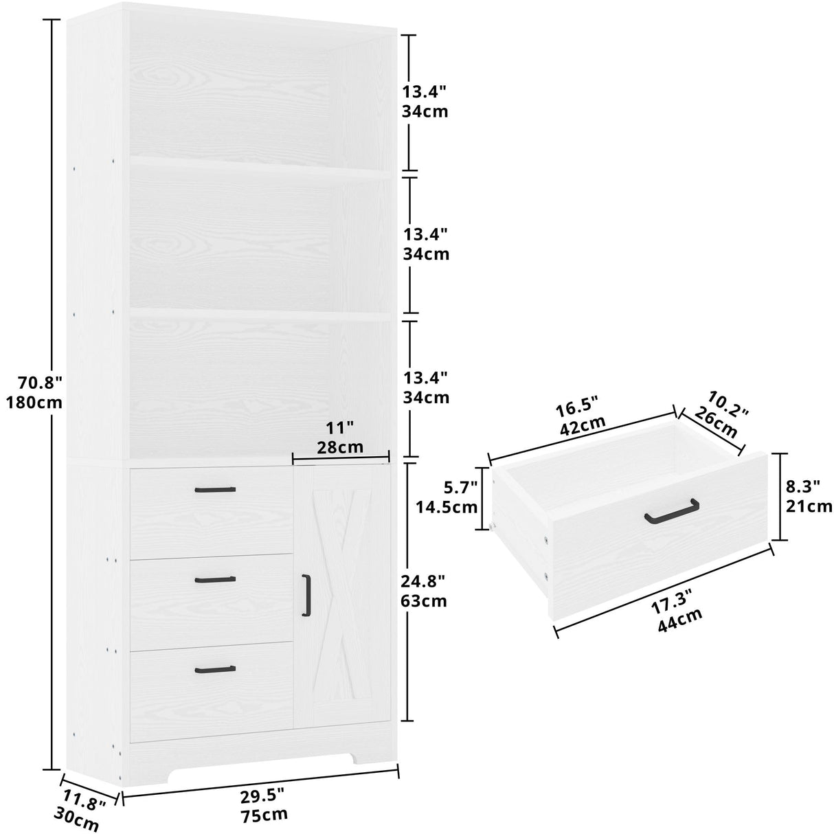IRONCK Bookshelf with Door and 3 Drawers, 71in Tall Bookcase Shelf with 3-Tier Shelves, for Bedroom Living Room Entrance Hallway Home Office IRONCK