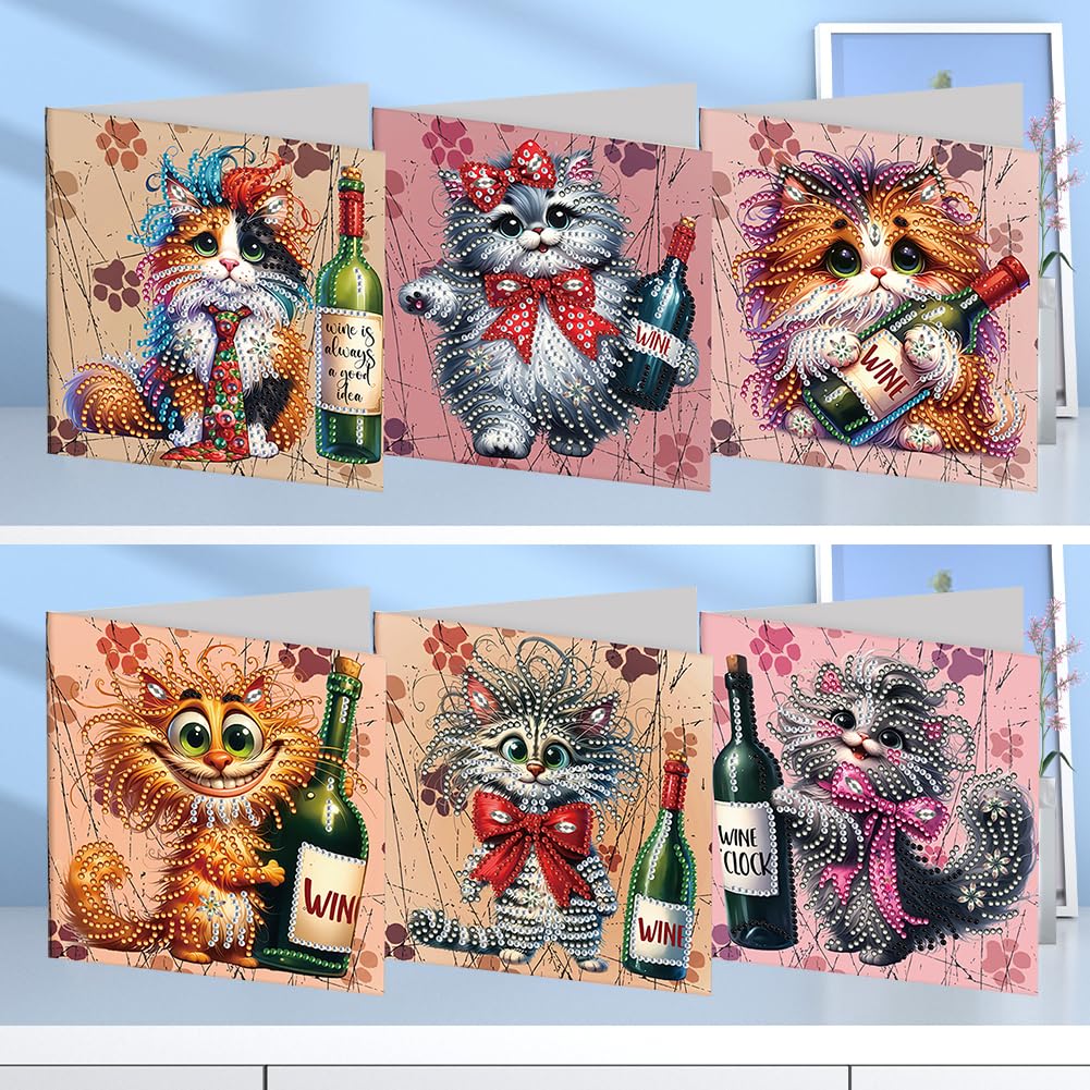 Ceitura 6Pcs Catoon Cat with Wine DIY Diamond Art Painting Crafts Rhinestone Painting Making Greeting Card Making Kit Postcard for Holiday Christmas New Year Party Favors 11.81 * 5.91 inch C'eitura